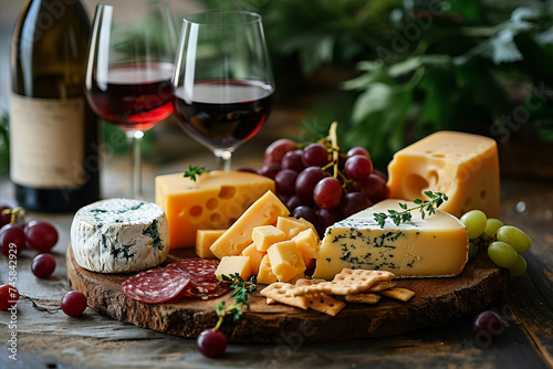 Wine and Cheese Pairing: Elegant scene with wine and cheese served with grapes and snacks.