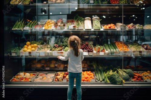 Young Girl Contemplating Choices at a Fresh Produce Section.