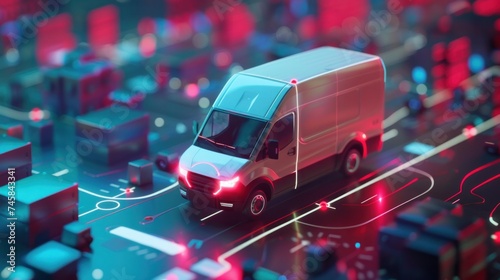 An autonomous van delivers parcels to specific city locations using a smartphone app to display order information and track the vehicle's GPS location, showcasing the future of delivery services photo