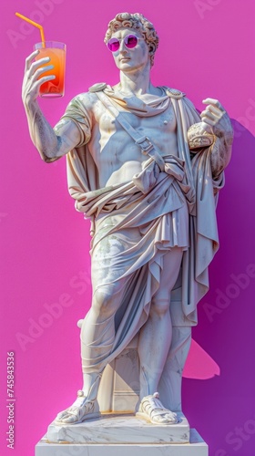 A 3D rendering of a classical statue wearing sunglasses and holding a tropical drink against a pink background photo
