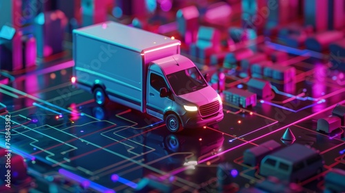 An autonomous van delivers parcels to specific city locations using a smartphone app to display order information and track the vehicle's GPS location, showcasing the future of delivery services