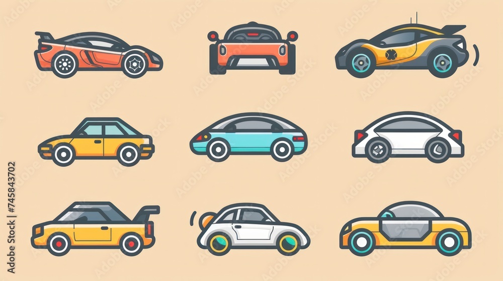 Icons representing autonomous driving technology, illustrating features like self-steering, adaptive cruise control, and collision avoidance