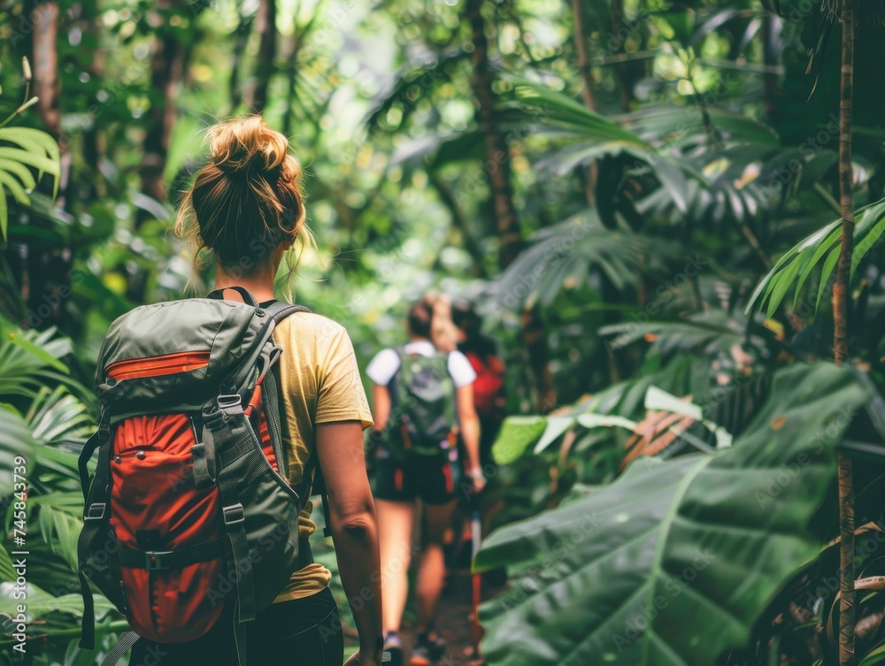 Adventurous rainforest trekking scene with hikers exploring a lush green path surrounded by the rich biodiversity of the forest