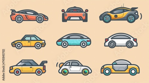 Icons representing autonomous driving technology, illustrating features like self-steering, adaptive cruise control, and collision avoidance
