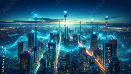 Panoramic Cityscape with 5G and 6G Networks at Twilight photo