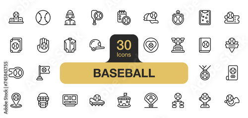 Set of 30 baseball icon element sets. Includes helmet, ticket, tournament, trophy, card, clothes, and More. Outline icons vector collection.