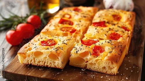 Italian focaccia bread with rosemary, garlic and tomatoes