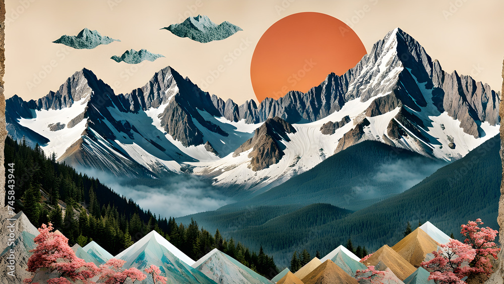 postmodern-collage-depicting-mountains-fawncore-aesthetic-with-elements-of-contemporary-asian-art - obrazy, fototapety, plakaty 