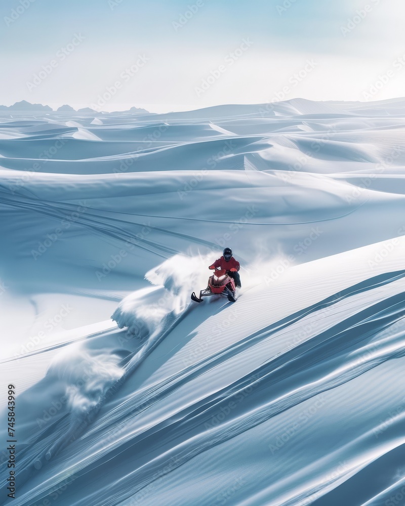 An adventurous snowmobile racing over vast sand dunes a unique blend of winter activity in a hot desert environment