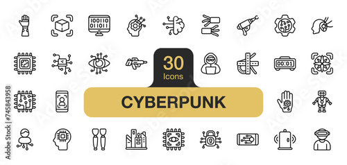 Set of 30 Cyberpunk icon element set. Includes hacker, digital, padlock, futuristic, virtual, computer, and More. Outline icons vector collection.