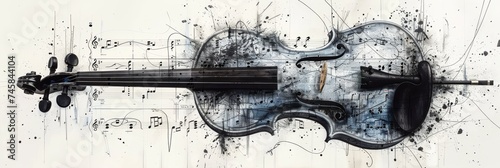 An artistic interpretation of mathematics influencing music with equations forming the shape of a violin and notes