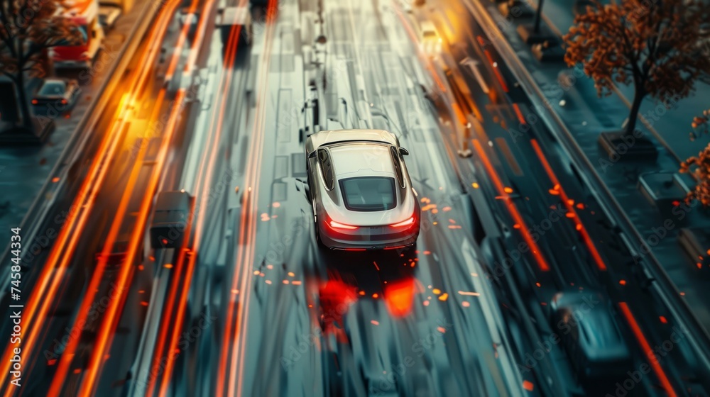 A future concept visualized through a scene where an autonomous smart car navigates through traffic, scanning the road and maintaining distance from other vehicles