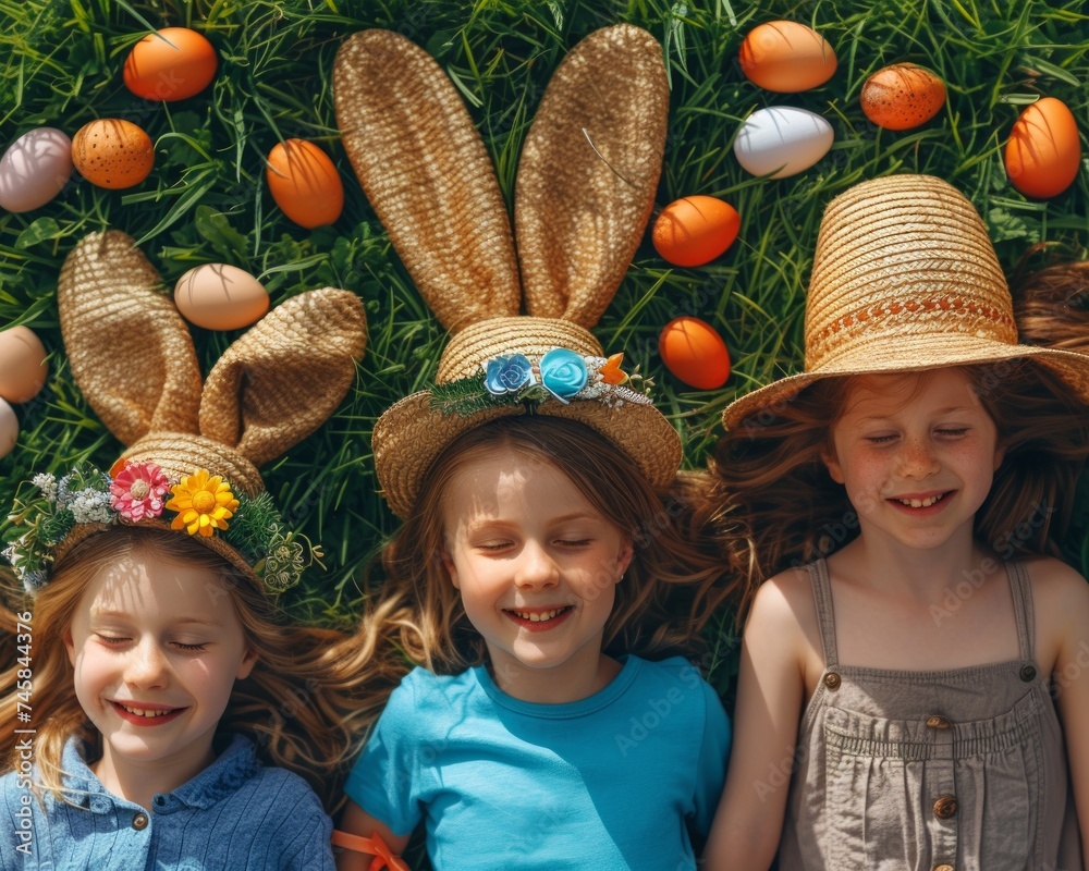 Kids with bunny ear hats and Easter eggs lie among spring flowers