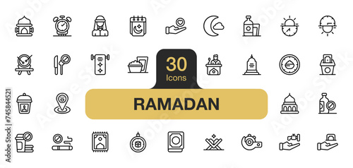 Set of 30 Ramadan icon sets. Includes crescent moon, charity, meal, no drinks, mosque,  and More. Outline icons vector collection.