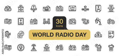 Set of 30 World radio day icon element sets. Includes live, on air, speaker, radio station, cassette, equalizer, radio transmitter, music album,  and More. Outline icons vector collection.