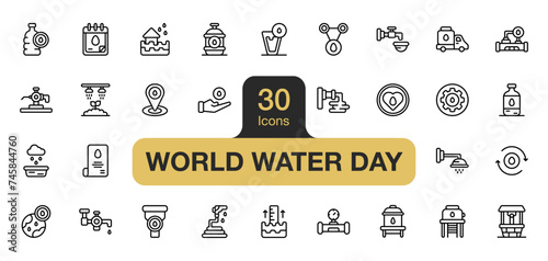 Set of 30 World Water Day icon element sets. Includes water system, report, flood, water day, water earth, and More. Outline icons vector collection.