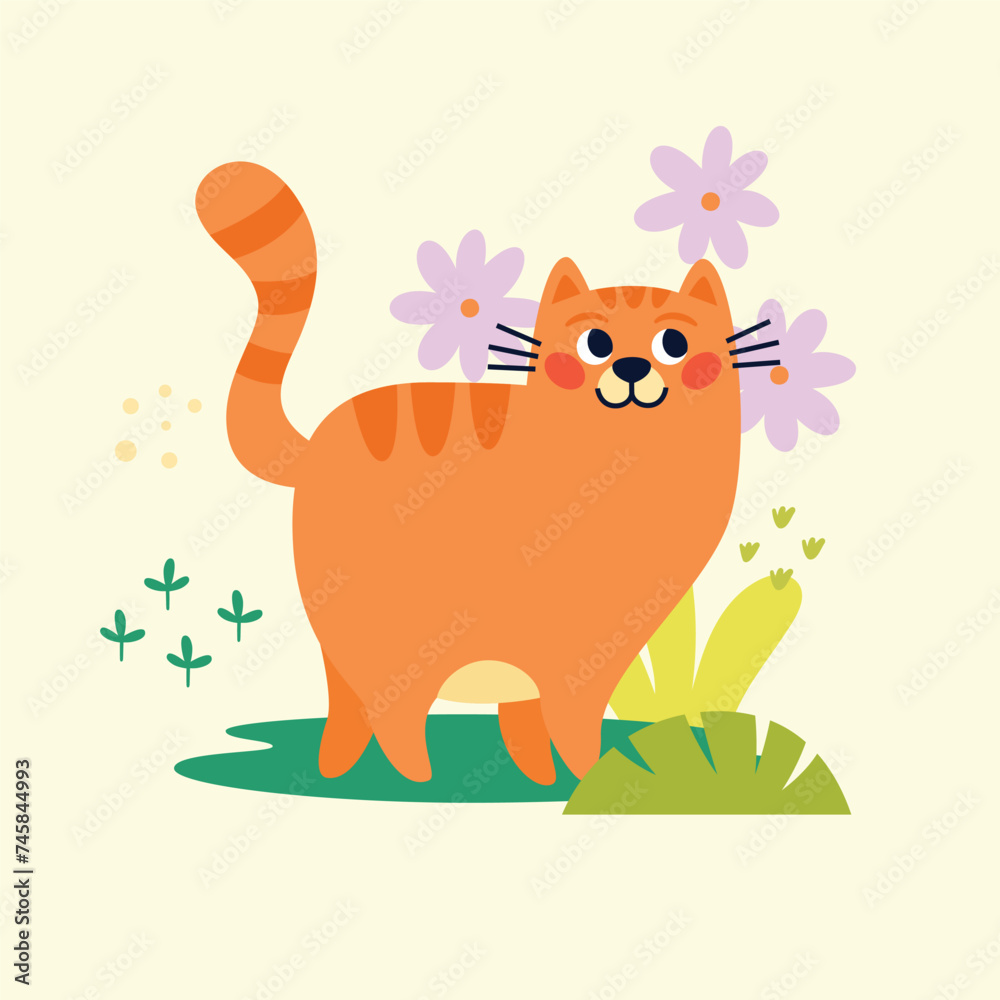 Funny red cat is walking in park among plants and flowers. Happy cat character. Summer vacation time. Vector Hand drawn cartoon flat illustration.