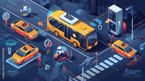 Isometric icons depicting autonomous vehicles such as driverless buses, taxis, and trucks, alongside robotic delivery systems, presented in isolated vector illustrations photo