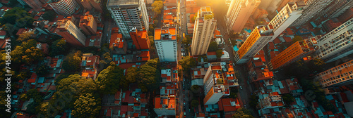 aerial cinematic view buildings skyscrapers in city