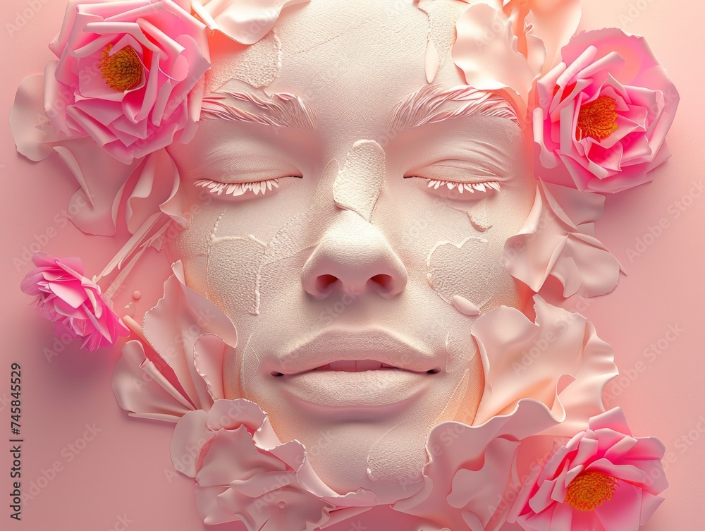 A textured paper art piece showing a detailed face surrounded by pink peonies