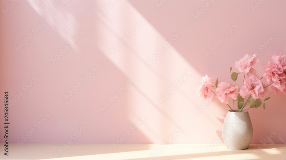 Pink roses in a vase on a pink wall background with sunlight