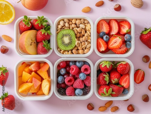 Balanced meal prep containers display a variety of fruits and nuts on a neutral background, showcasing a healthy snack photo