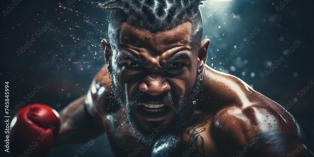 A boxer throwing powerful punches in a fierce athletic competition. Concept Boxing, Powerful Punches, Athletic Competition, Fierce Fighter, Sportsmanship - obrazy, fototapety, plakaty 