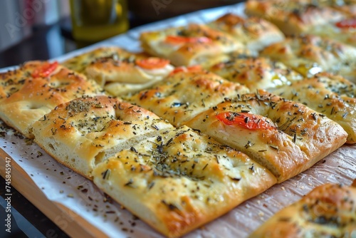Italian focaccia bread with rosemary  garlic and tomatoes
