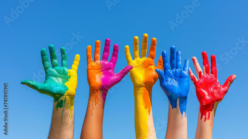 A series of colorful rainbow-painted hands raised