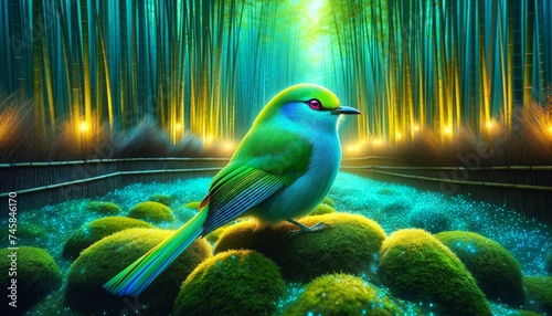 Vibrant green bird with a red eye perched on mossy stones under a magical cyan waterfall.
