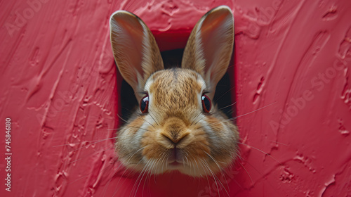 Rabbit peeking through a hole in a red surface. Easter concept. Design for greeting card, invitation