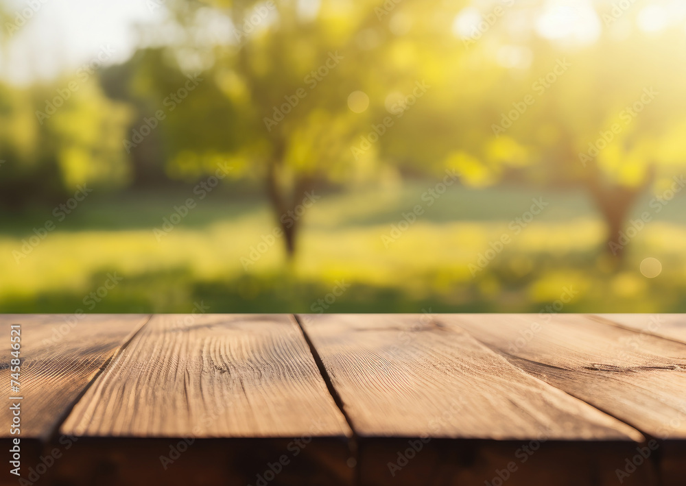 Empty wooden table for product demonstration and presentation against the backdrop of green grass, field, forest. Copy space. Mock up Empty wooden table for product demonstration and presentation against the backdrop of green grass, field, forest. Copy space. Mock up