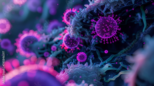 covid-19 virus 3d graphics. Abstract cells under microscope. Medicine and science concept. Microbiology, laboratory. Coronavirus, pandemic cure or vaccination concept