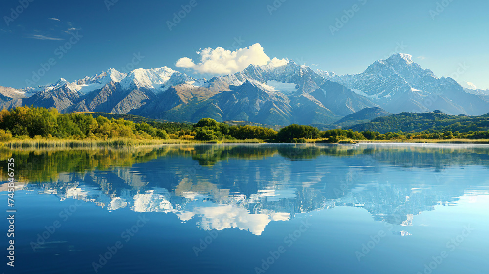 A serene mountain landscape with snow-capped peaks, clear.