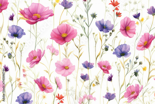Seamless pattern with watercolor flowers. Hand-drawn illustration. © Ula