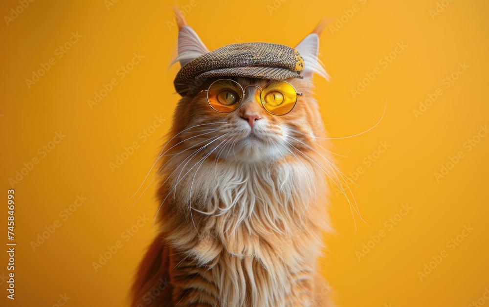 Maine Coon cat with sunglasses on a professional background Maine Coon cat with sunglasses on a professional background