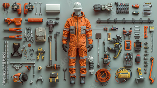 Knolling or Flat Lay shot of various Construction worker's objects or elements, Design element, Generated by AI