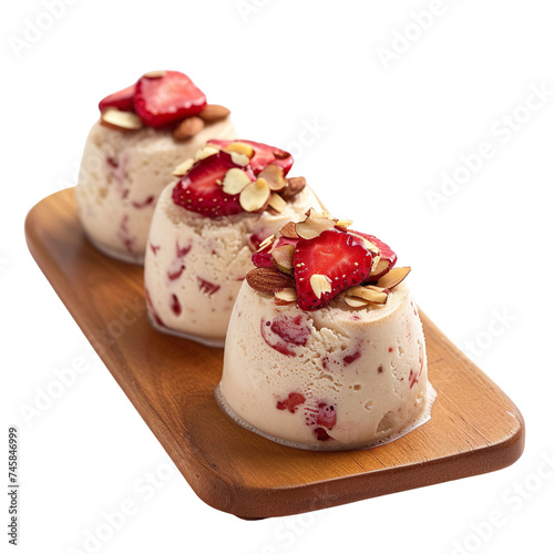Front view of single Strawberry-Almond Kulfi on a wooden tray isolated on a white transparent background
