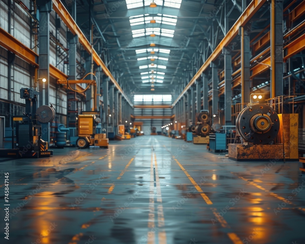 An industrial warehouse with machinery and workers - obrazy, fototapety, plakaty 