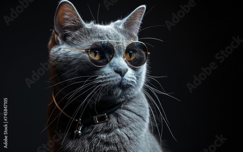 Russian Blue cat with sunglasses on a professional background