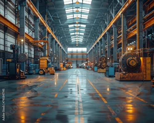 An industrial warehouse with machinery and workers photo