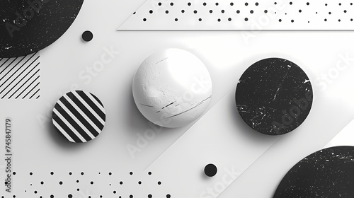 A creative arrangement of textured geometric shapes in black and white with a play of dots and lines.