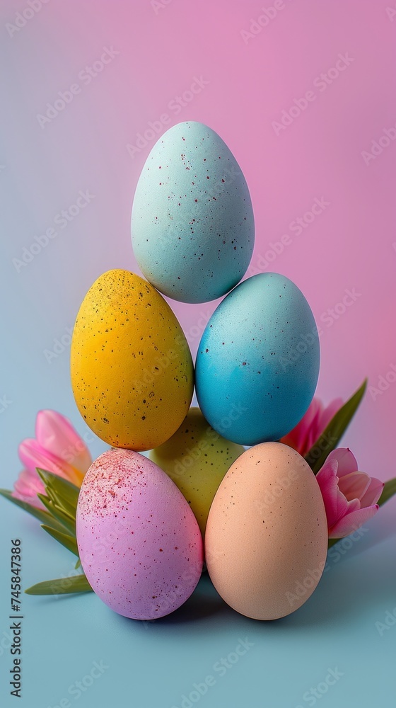 A vibrant display of Easter eggs stacked in a pyramid surrounded by pink tulips on a dual-tone background