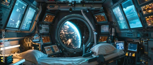 An ultrasound room in a space station with large windows revealing a magnificent view of a star cluster