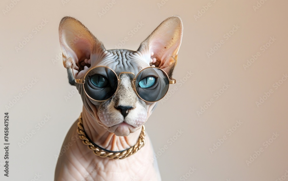 Sphynx cat with sunglasses on a professional background