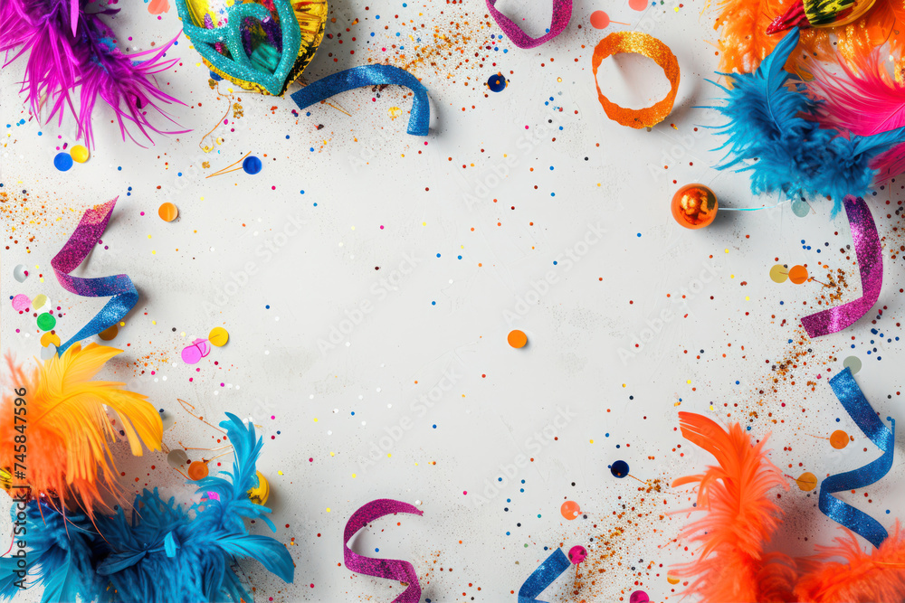 Colorful carnival masks and confetti on white background, top view