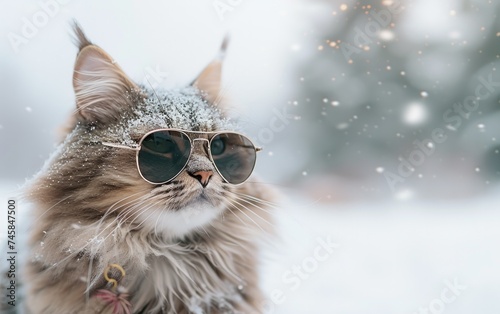 Siberian cat with sunglasses on a professional background