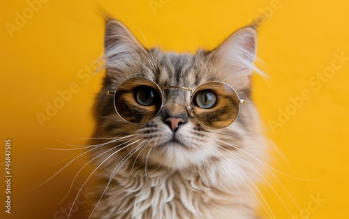 Siberian cat with sunglasses on a professional background