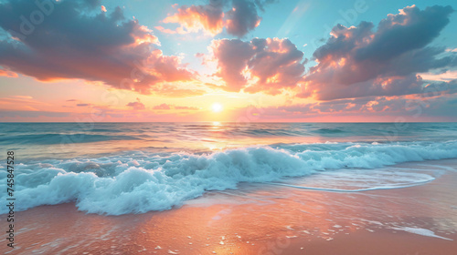 A calm beach scene at sunset with gentle waves.
