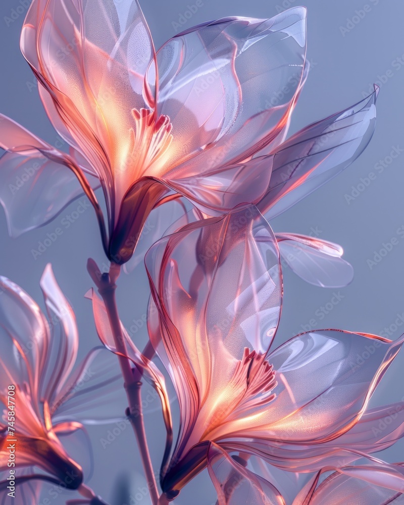 Fototapeta premium Pink tinted translucent flowers blooming, reflecting harmony and digital innovation in contemporary art